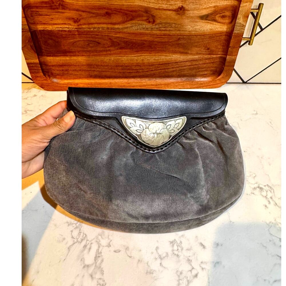 vintage grey suede black leather clutch bag silver-tone metal floral accent 80s